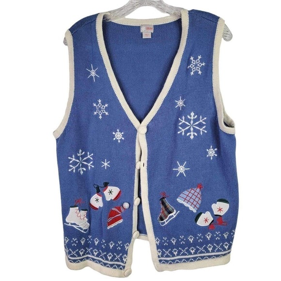 Holiday Editions Sweater Vest Women's Christmas Grandma Size L Blue White Cotton - Picture 2 of 8